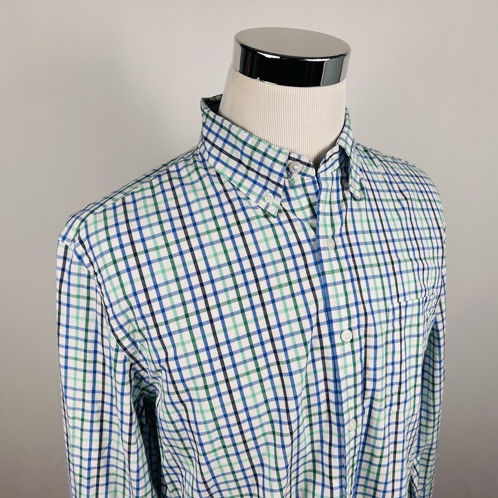 NWT J Crew Large Classic Fit Flex Washed Shirt Green Blue Plaid Cotton Blend